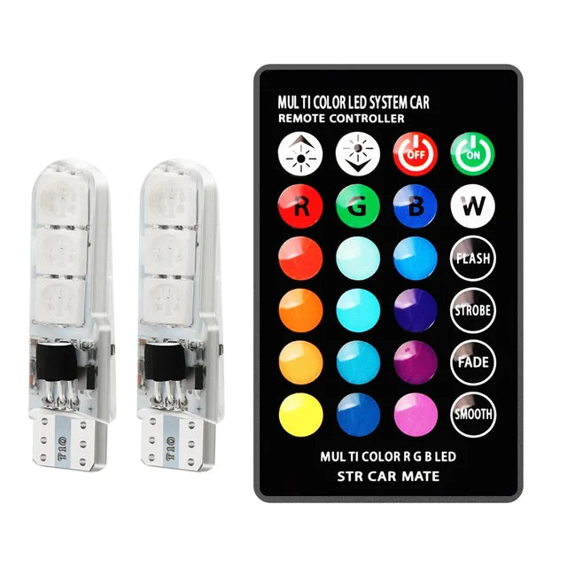 "Dynamic Car Interior Lighting System with RGB LED T10 Bulbs and Wireless Remote - Illuminate Your Space!"