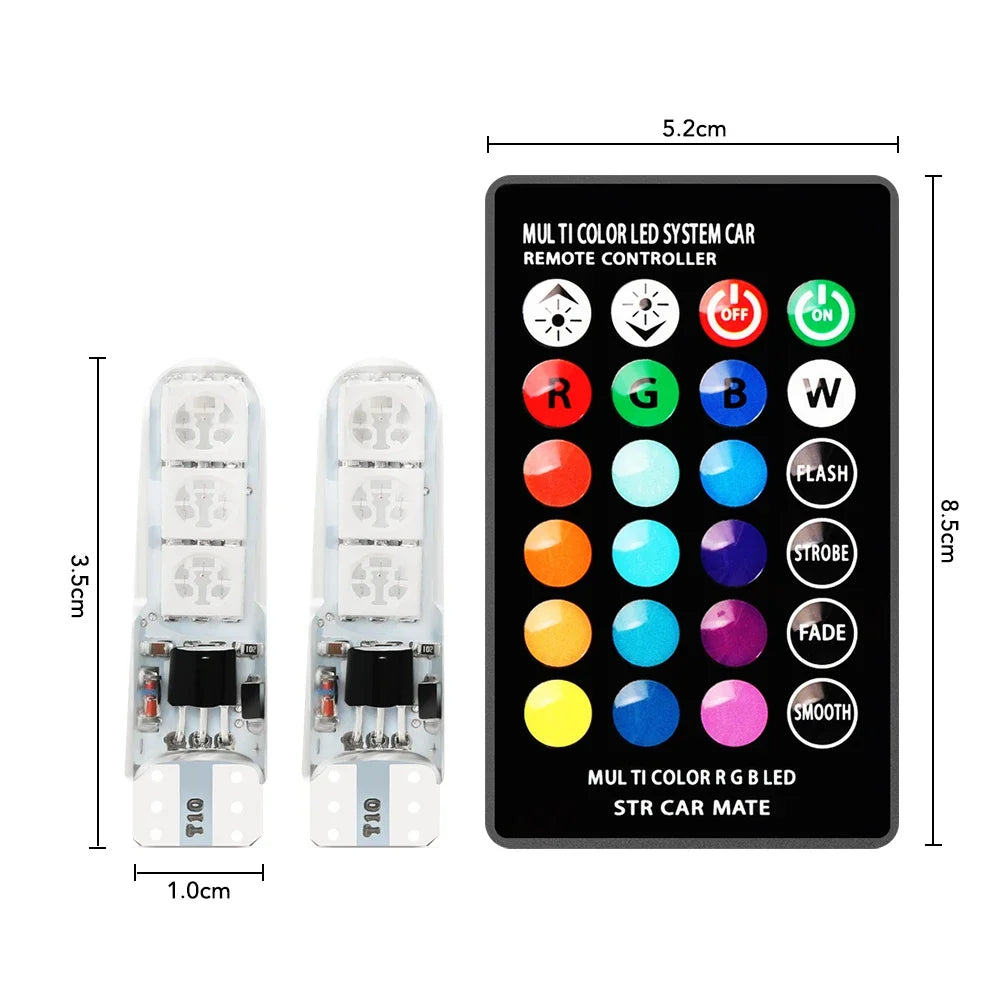 "Dynamic Car Interior Lighting System with RGB LED T10 Bulbs and Wireless Remote - Illuminate Your Space!"