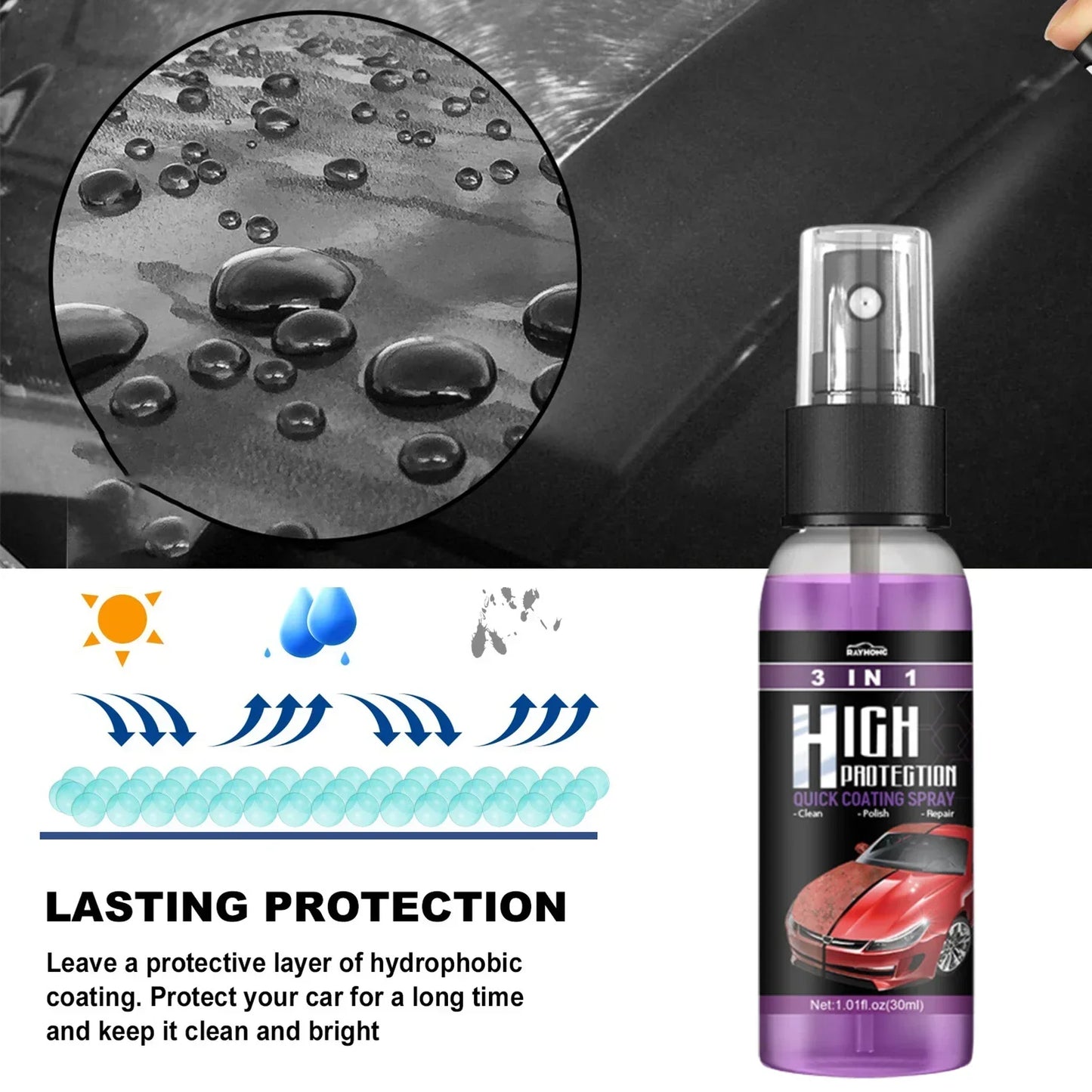   "3-in-1 Rapid Ceramic Coating: Essential for every vehicle, providing brilliant shine and comprehensive protection for wheels, glass, and car paint."