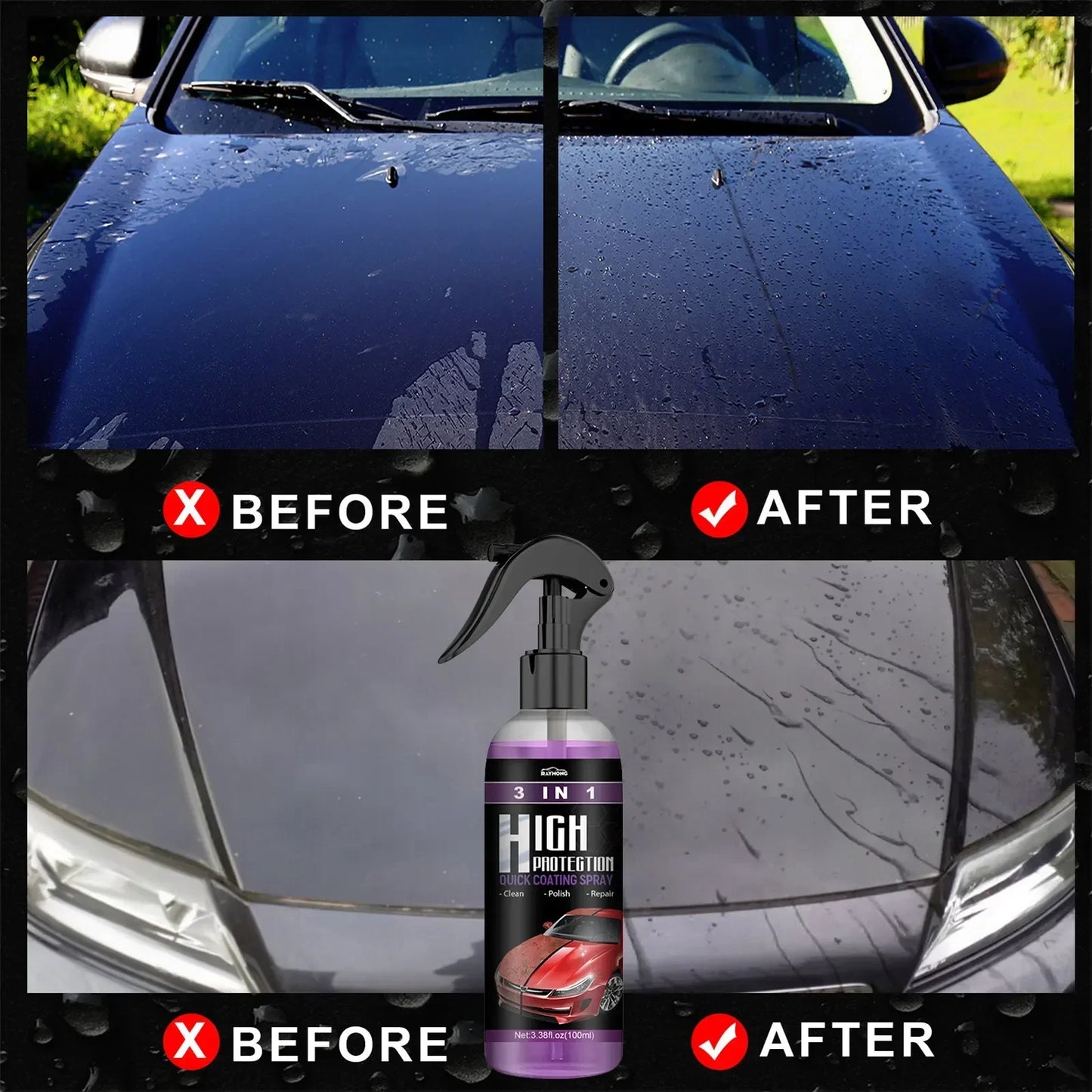   "3-in-1 Rapid Ceramic Coating: Essential for every vehicle, providing brilliant shine and comprehensive protection for wheels, glass, and car paint."