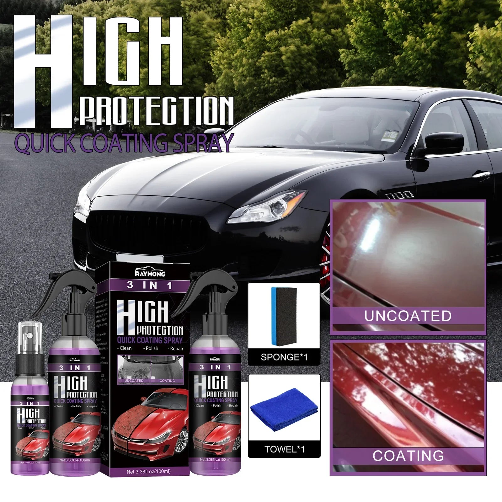   "3-in-1 Rapid Ceramic Coating: Essential for every vehicle, providing brilliant shine and comprehensive protection for wheels, glass, and car paint."