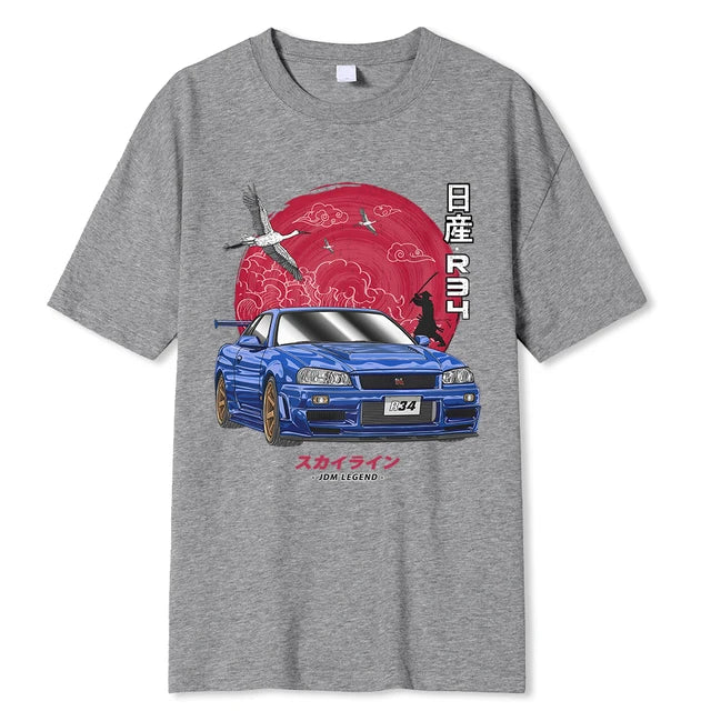 "Initial D Cotton T-Shirt for Car Enthusiasts, Harajuku Style with Nissan Skyline R34 Design."