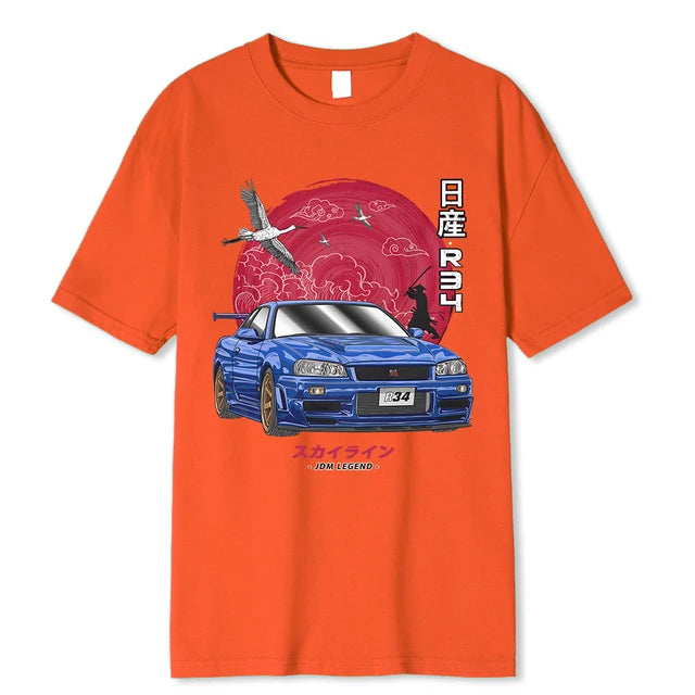 "Initial D Cotton T-Shirt for Car Enthusiasts, Harajuku Style with Nissan Skyline R34 Design."