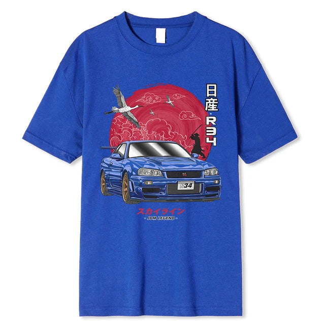 "Initial D Cotton T-Shirt for Car Enthusiasts, Harajuku Style with Nissan Skyline R34 Design."