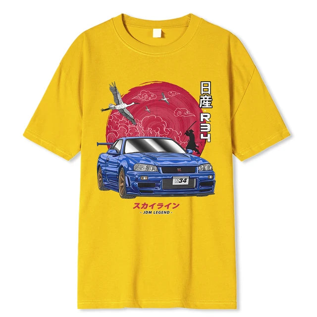 "Initial D Cotton T-Shirt for Car Enthusiasts, Harajuku Style with Nissan Skyline R34 Design."