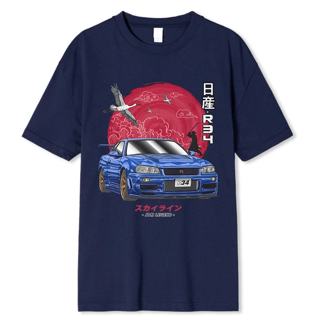 "Initial D Cotton T-Shirt for Car Enthusiasts, Harajuku Style with Nissan Skyline R34 Design."