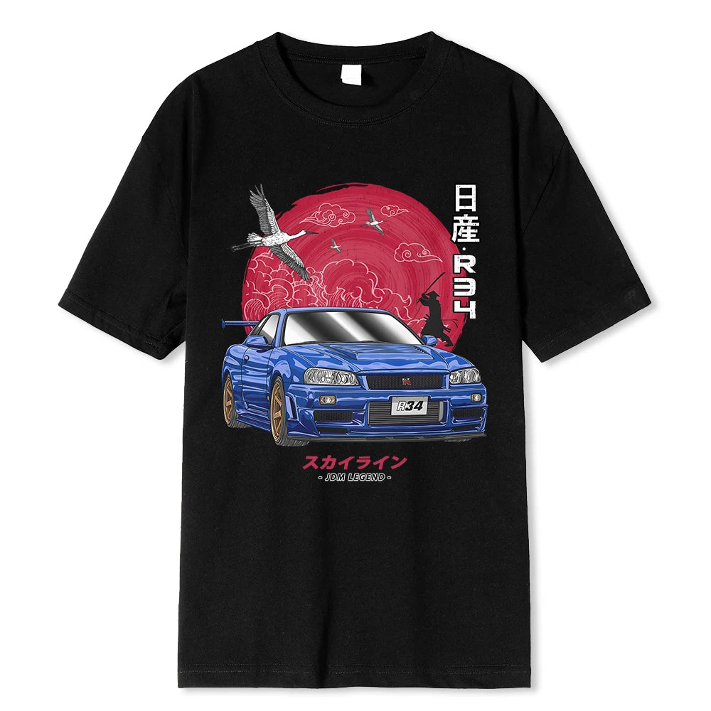 "Initial D Cotton T-Shirt for Car Enthusiasts, Harajuku Style with Nissan Skyline R34 Design."