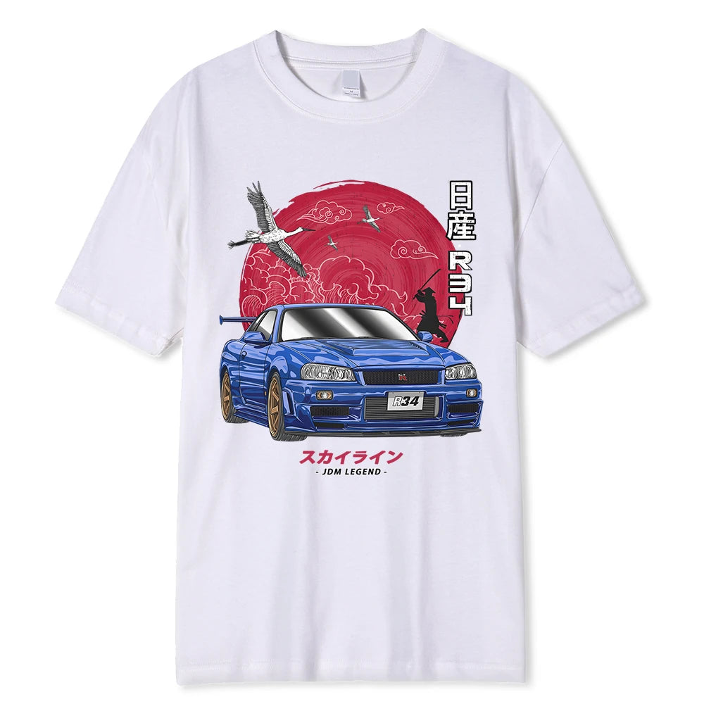 "Initial D Cotton T-Shirt for Car Enthusiasts, Harajuku Style with Nissan Skyline R34 Design."