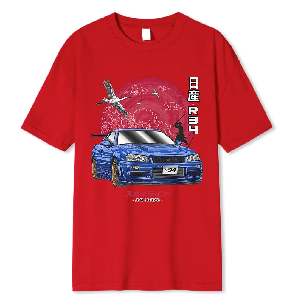 "Initial D Cotton T-Shirt for Car Enthusiasts, Harajuku Style with Nissan Skyline R34 Design."