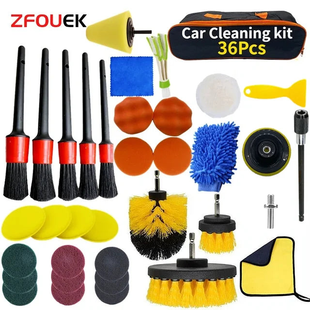 "New Car Cleaning Kit with Detailing Brushes for Interior, Air Vents, Towel, and Polisher - Awesome Tools for Your Car!"