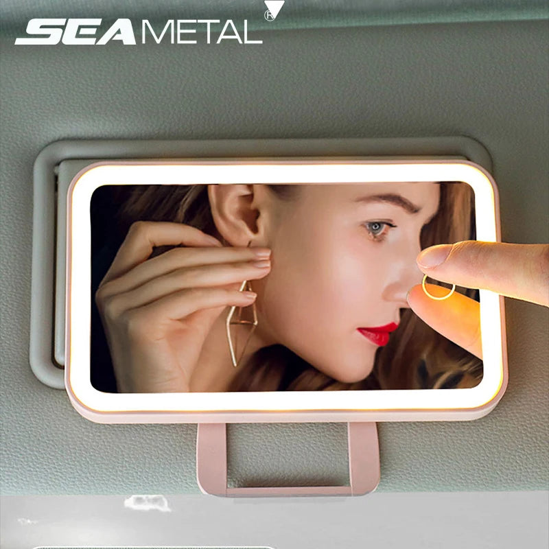 "TouchGlow Car Vanity" - A portable car vanity mirror with touch screen LED lighting, rechargeable, designed for women.