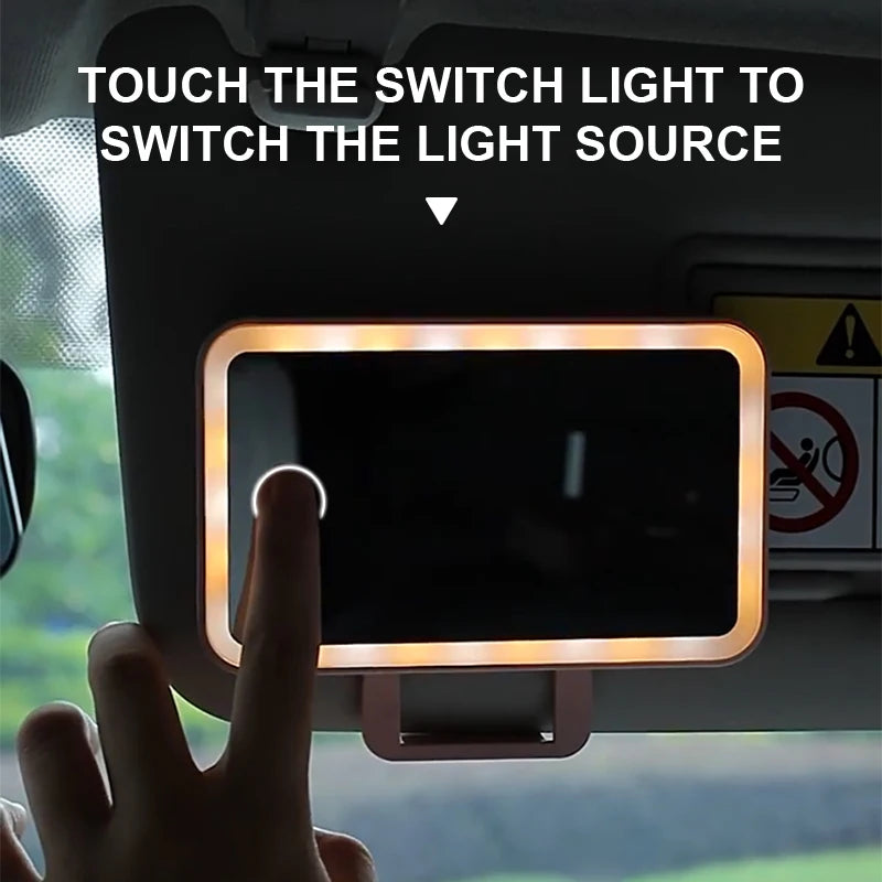 "TouchGlow Car Vanity" - A portable car vanity mirror with touch screen LED lighting, rechargeable, designed for women.