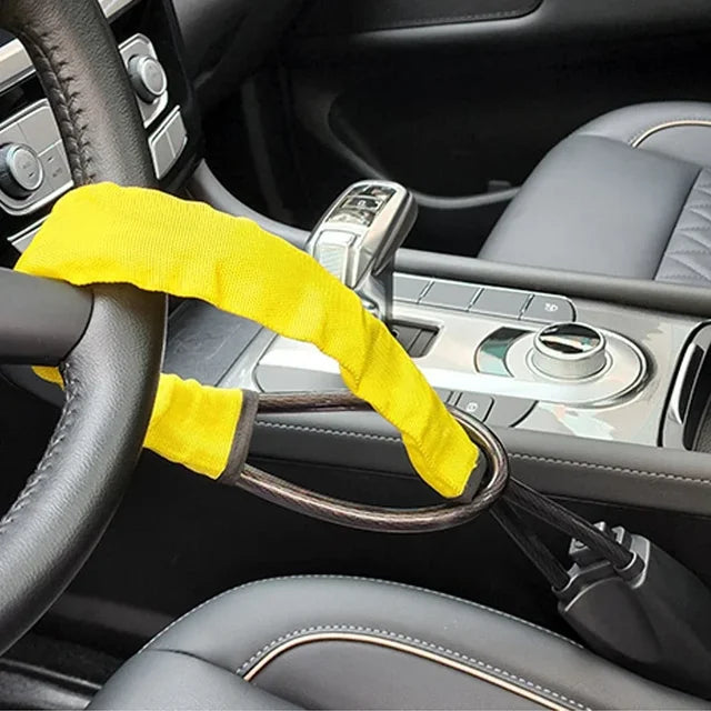 "SentinelGuard Universal Steering Wheel Lock with Heavy-Duty Seat Belt Buckle"