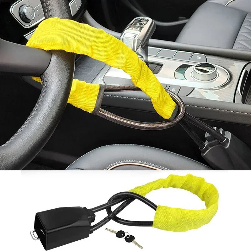 "SentinelGuard Universal Steering Wheel Lock with Heavy-Duty Seat Belt Buckle"